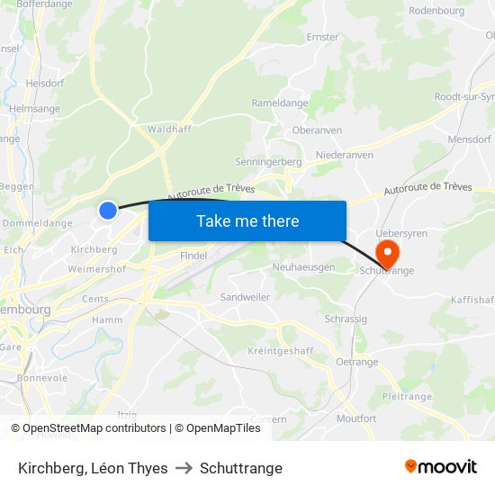 Kirchberg, Léon Thyes to Schuttrange map