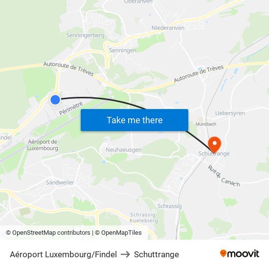 Aéroport Luxembourg/Findel to Schuttrange map