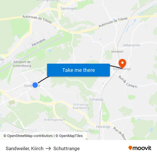 Sandweiler, Kiirch to Schuttrange map
