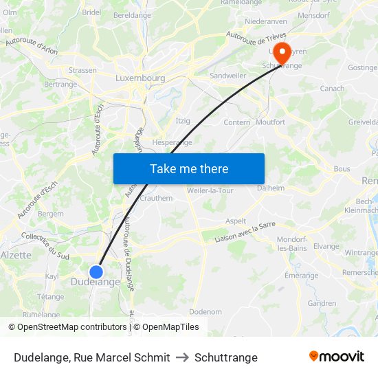 Dudelange, Rue Marcel Schmit to Schuttrange map