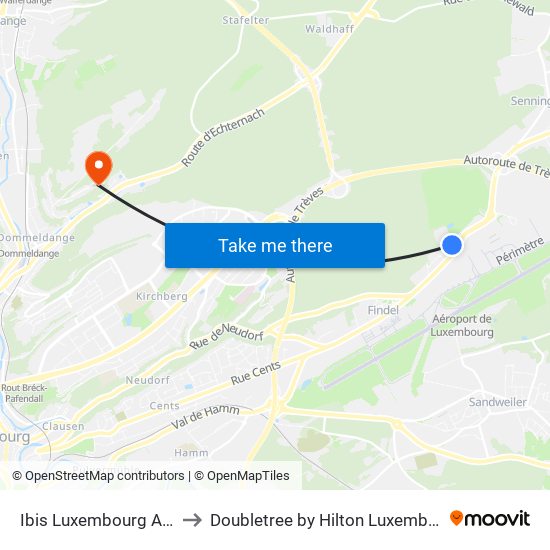 Ibis Luxembourg Aéroport to Doubletree by Hilton Luxembourg Hotel map