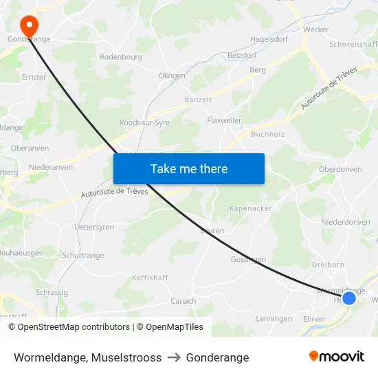 Wormeldange, Muselstrooss to Gonderange map