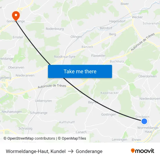 Wormeldange-Haut, Kundel to Gonderange map