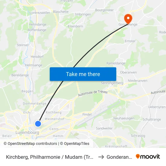 Kirchberg, Philharmonie / Mudam (Tram) to Gonderange map