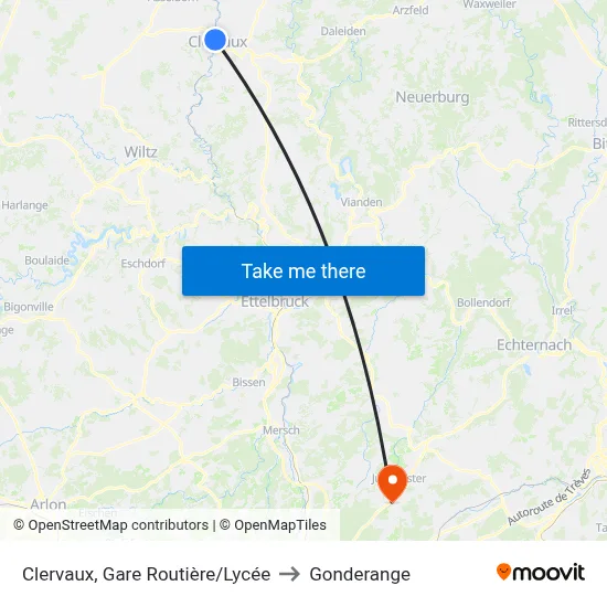 Clervaux, Gare Routière/Lycée to Gonderange map