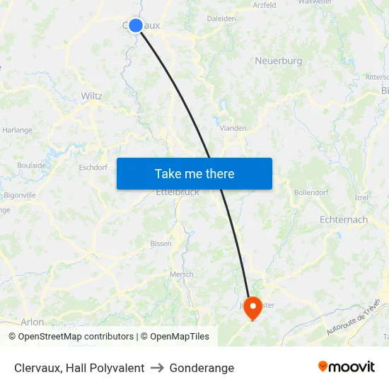 Clervaux, Hall Polyvalent to Gonderange map