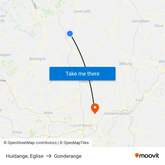 Huldange, Eglise to Gonderange map