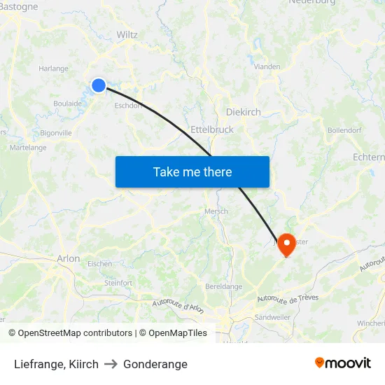 Liefrange, Kiirch to Gonderange map