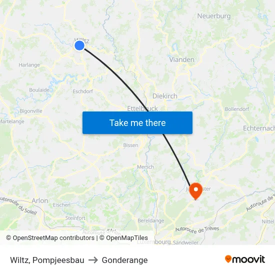Wiltz, Pompjeesbau to Gonderange map