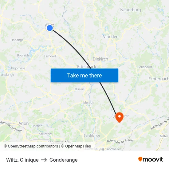 Wiltz, Clinique to Gonderange map