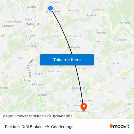 Diekirch, Dräi Braken to Gonderange map