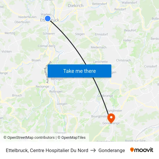 Ettelbruck, Centre Hospitalier Du Nord to Gonderange map
