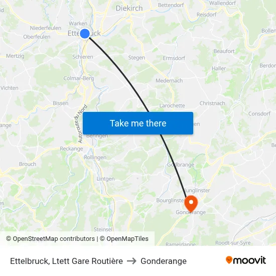 Ettelbruck, Ltett Gare Routière to Gonderange map