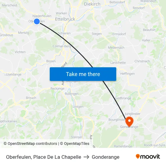 Oberfeulen, Place De La Chapelle to Gonderange map