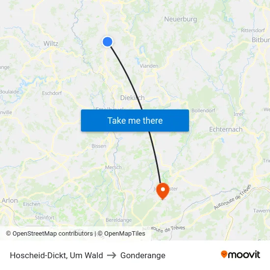 Hoscheid-Dickt, Um Wald to Gonderange map