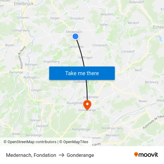 Medernach, Fondation to Gonderange map