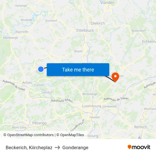 Beckerich, Kiircheplaz to Gonderange map