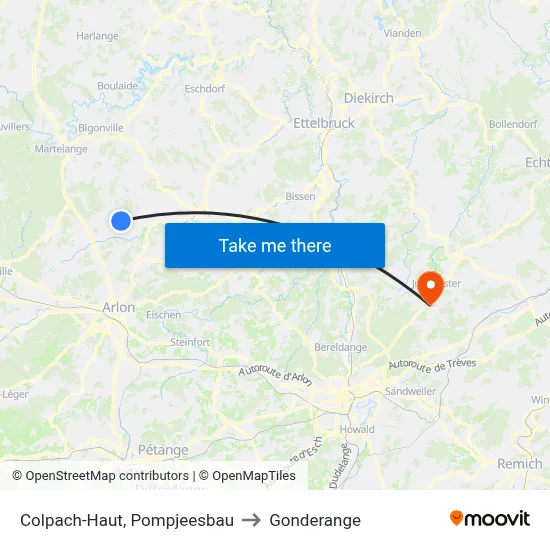 Colpach-Haut, Pompjeesbau to Gonderange map