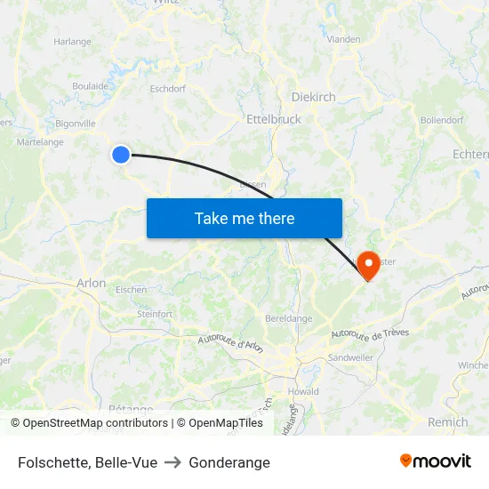 Folschette, Belle-Vue to Gonderange map