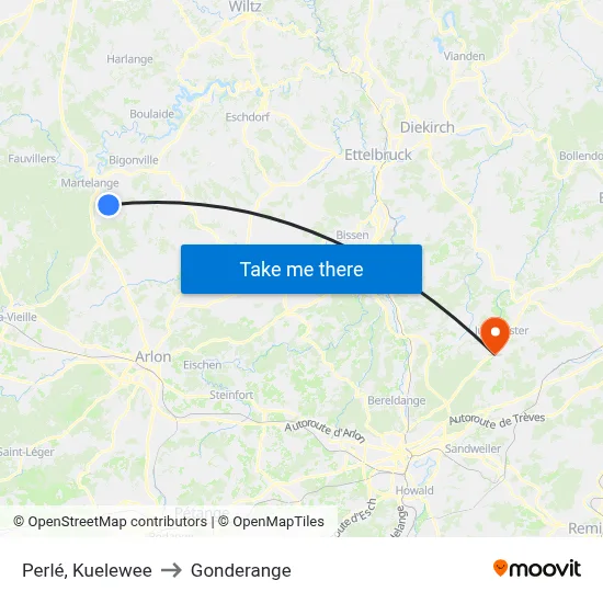 Perlé, Kuelewee to Gonderange map