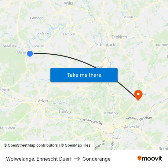 Wolwelange, Ennescht Duerf to Gonderange map