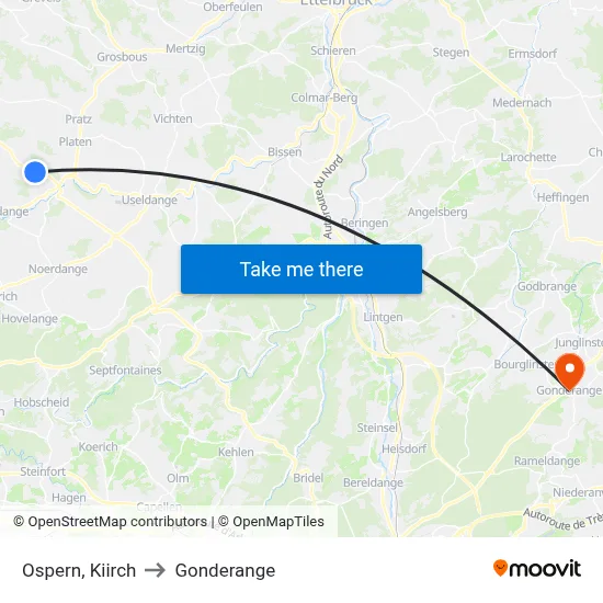 Ospern, Kiirch to Gonderange map