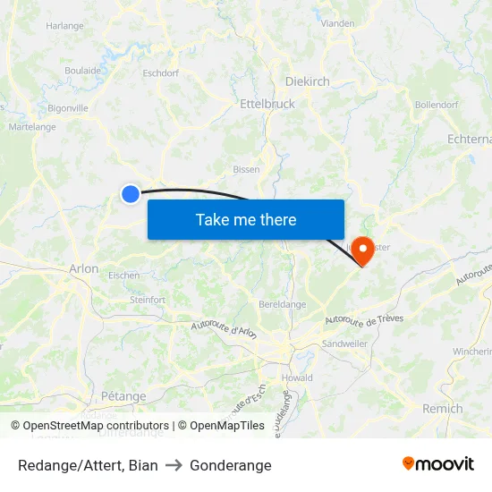 Redange/Attert, Bian to Gonderange map