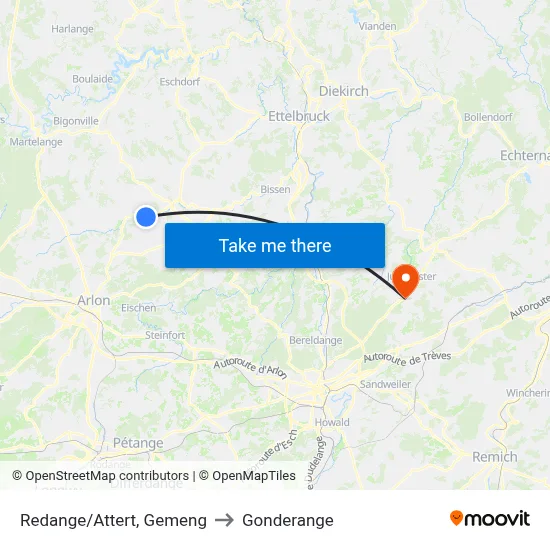 Redange/Attert, Gemeng to Gonderange map