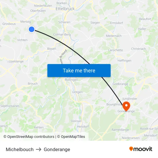 Michelbouch to Gonderange map