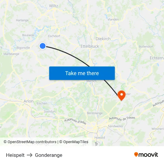 Heispelt to Gonderange map