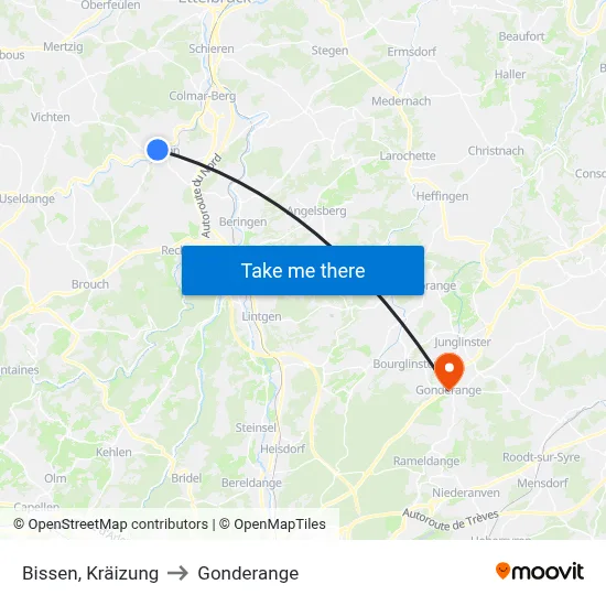 Bissen, Kräizung to Gonderange map