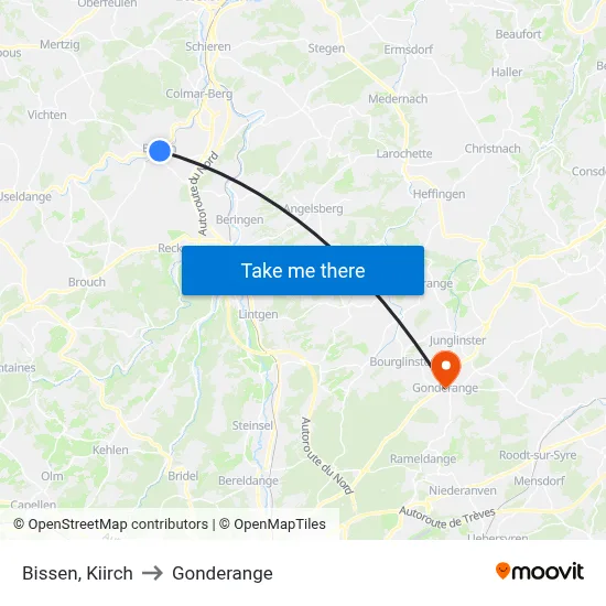 Bissen, Kiirch to Gonderange map