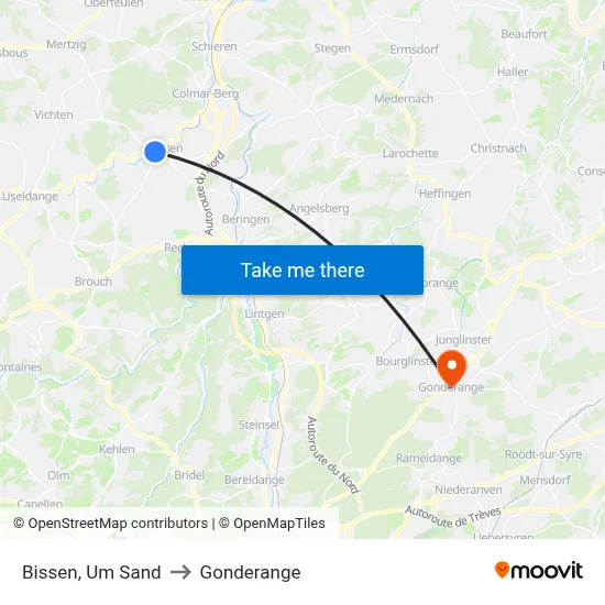 Bissen, Um Sand to Gonderange map