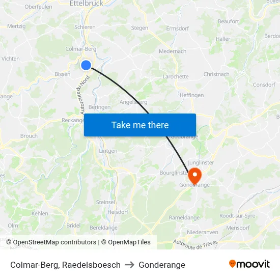 Colmar-Berg, Raedelsboesch to Gonderange map