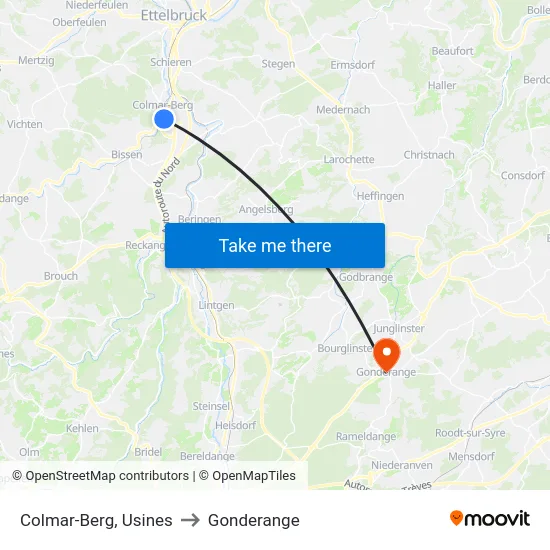 Colmar-Berg, Usines to Gonderange map