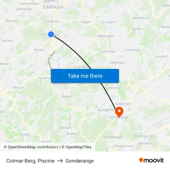 Colmar-Berg, Piscine to Gonderange map