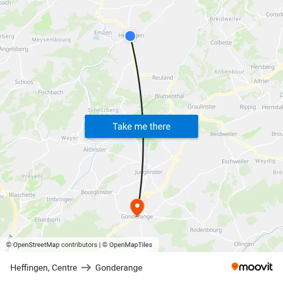 Heffingen, Centre to Gonderange map