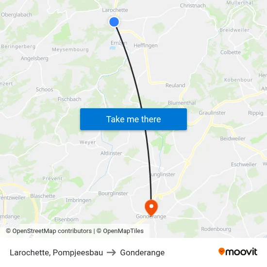 Larochette, Pompjeesbau to Gonderange map