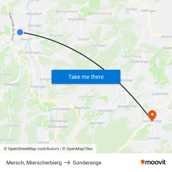 Mersch, Mierscherbierg to Gonderange map
