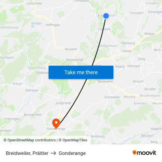 Breidweiler, Präitler to Gonderange map