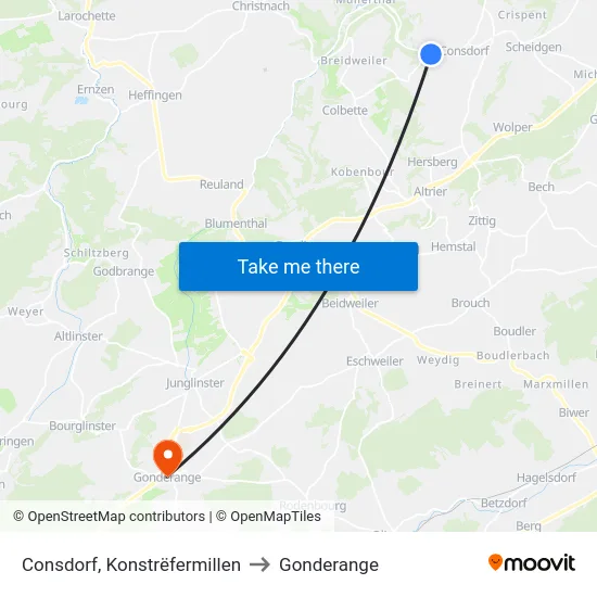 Consdorf, Konstrëfermillen to Gonderange map