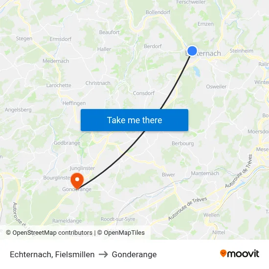 Echternach, Fielsmillen to Gonderange map
