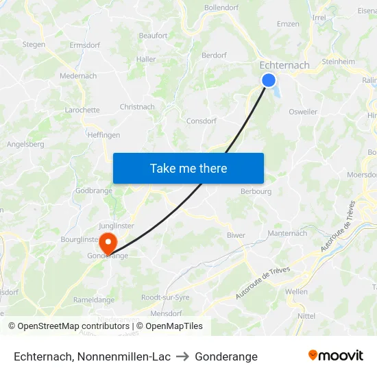Echternach, Nonnenmillen-Lac to Gonderange map