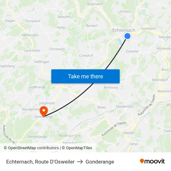 Echternach, Route D'Osweiler to Gonderange map