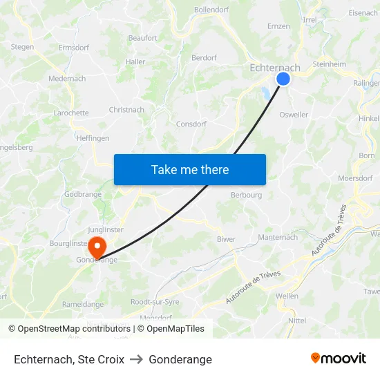Echternach, Ste Croix to Gonderange map