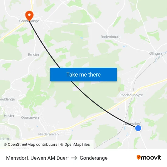Mensdorf, Uewen AM Duerf to Gonderange map
