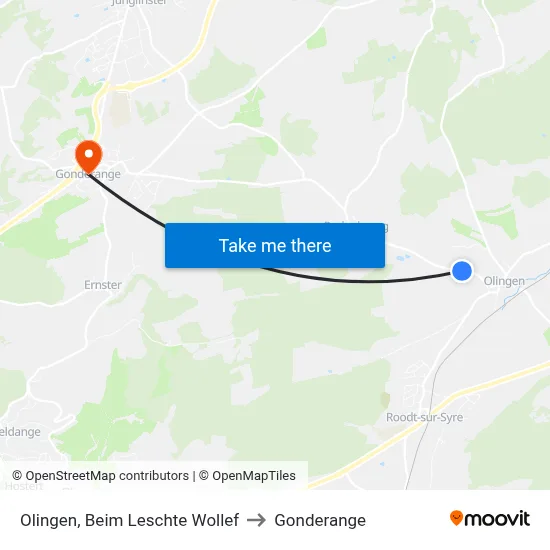 Olingen, Beim Leschte Wollef to Gonderange map