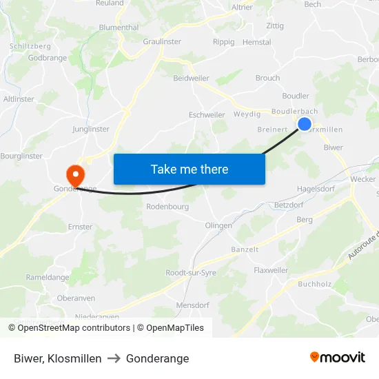 Biwer, Klosmillen to Gonderange map