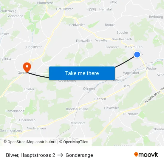 Biwer, Haaptstrooss 2 to Gonderange map