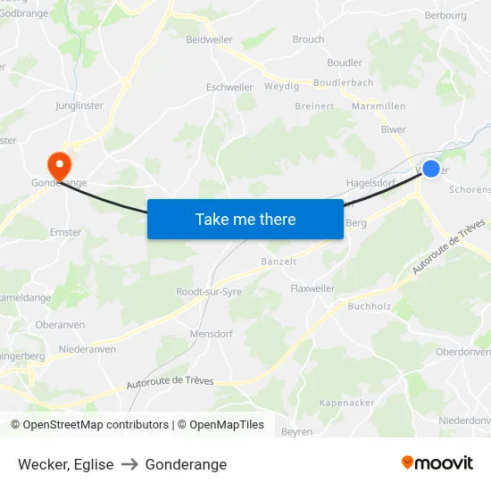 Wecker, Eglise to Gonderange map